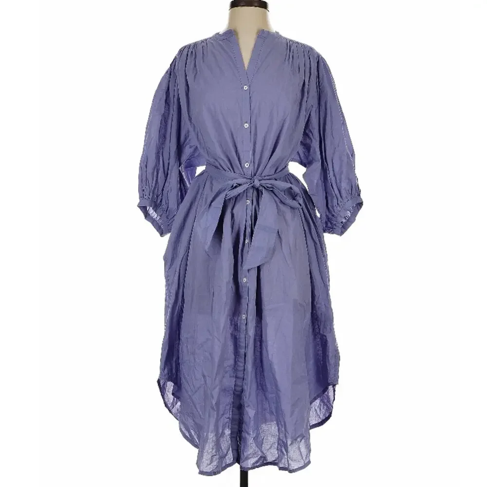 Bellerose Isis Blue 100% Cotton Oversized Gathered Back Midi Shirt Dress NWT OS